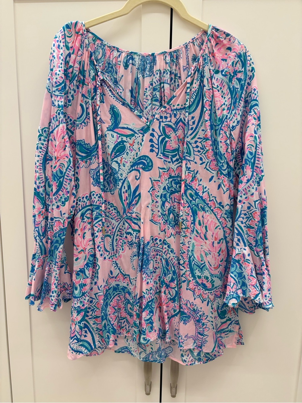 Lilly Pulitzer Pink & Teal Paisley Peasant Top